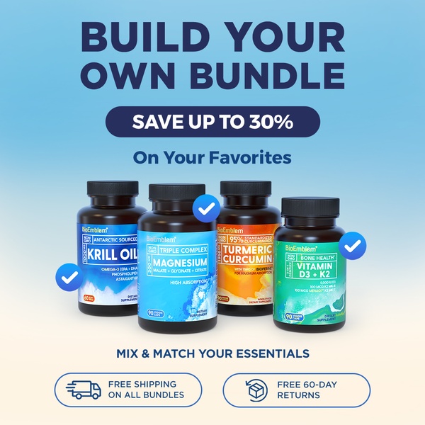 A clean, studio-lit graphic for a dietary supplement line that encourages customers to mix and match products for a discount.